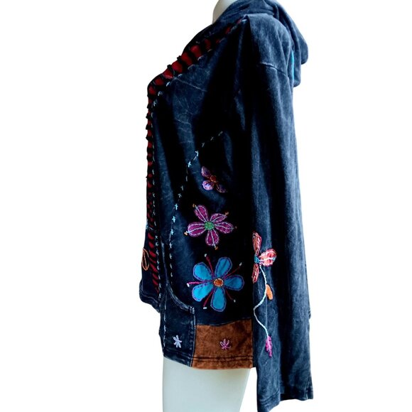 XL Vintage Hooded Hoody Rising International Nepal Jacket Embroidery Bohemian - Picture 5 of 7